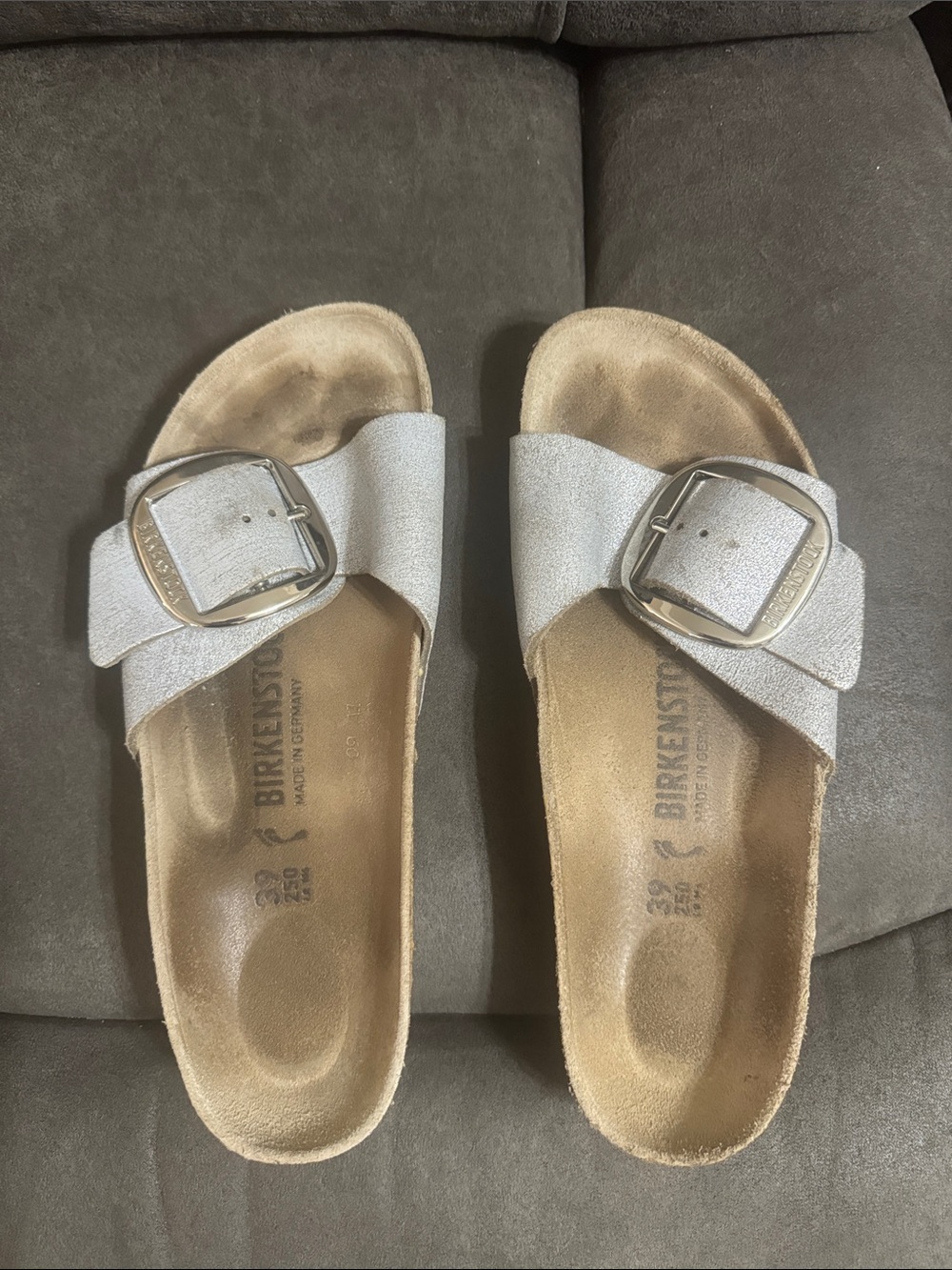 Birkenstock Madrid Big Buckle Slide Sandals - Silver Glitter size 39 (8 - 8 1/2)